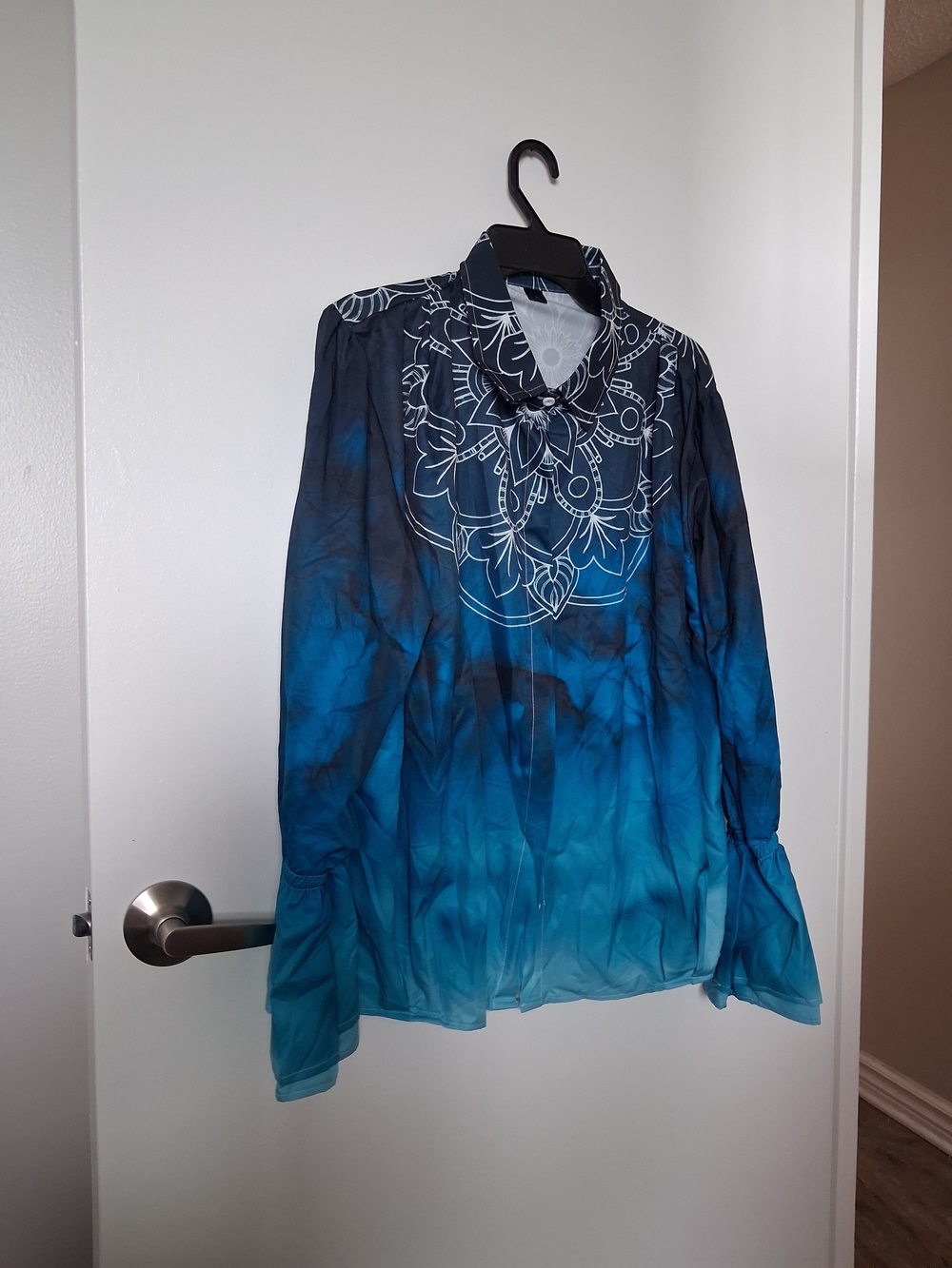 Blue Ombre Long-Sleeve Shirt with Decorative Neck